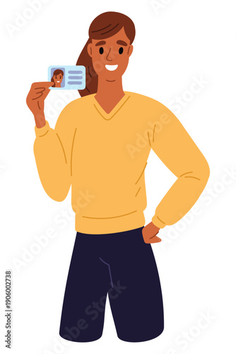 Cheerful woman shows pass or badge with photo and personal identification details to gain access to company premises. Identity license. ID membership. Citizenship document. Vector concept