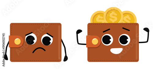 Cheerful cartoon wallet with gold coins. Sad empty pocket. Poverty and financial prosperity. Full purse. Character smile or upset faces. Leather bag for cash. Vector savings pouches set