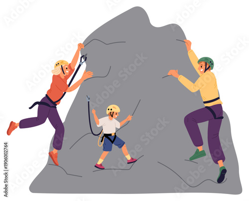 Young family climbing on stone mountain. Man and woman together with child clambering rock. Parents and kid mountaineering. Extreme leisure. Active hobby. Climb equipment. Vector concept
