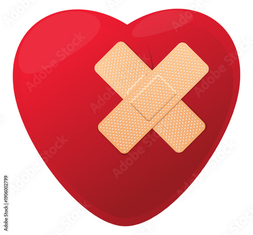 Wounded red human heart covered with medical plaster tape crisscrossed. Broken love. Cardio treatment. Injury bandages. Relationship help. Romance recovery. Adhesive patch. Vector concept