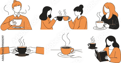 People Drinking Coffee Illustration Set - Hand Drawn Cafe Lifestyle and Socializing Scenes