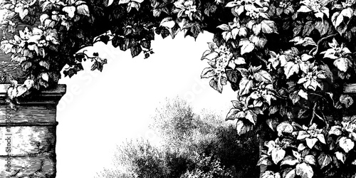 Vintage botanical architectural doorway frame with engraved foliage design for decoration