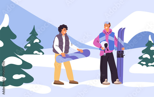 Two young men with skis and snowboard skiing on snow at mountain resort. Winter vacation. Extreme sport. Snowy downhill. Cold season travel. People recreation in nature. Vector concept
