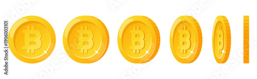 Rotation of gold coin Bitcoin cryptocurrency for animation. Financial BTC savings. Cent rotating axis. Vector motion process Bitcoin token. Ecommerce cash turn or fall. Network finance.