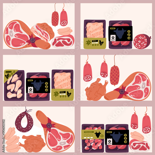 Shelves with meat products seamless pattern. Butcher shop. Beef sausages. Chicken fillet on trays. Ham and frankfurters. Vacuum wrap packaging. Butchery assortment. Vector background