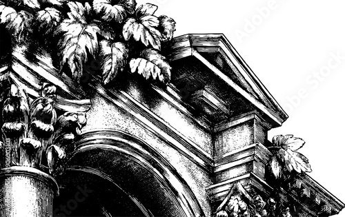 Architectural elements with botanical accents engraving for design and art reference