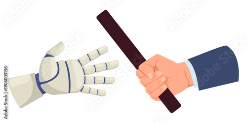 Robot arm takes baton from human hands. AI technology and businessman collaboration. Business cooperation. Teamwork challenge. Artificial intelligence. Vector concept of robotization