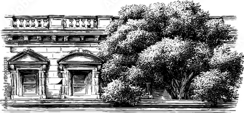 Vintage architectural facade with botanical stonework elements for historical design