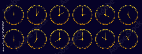 Gold watch dials with hands. Time pointers indicating each hour. Minutes accuracy countdown. Clockwise arrow. Deadline and punctuality. Ancient chronometer. Vector timepiece faces set