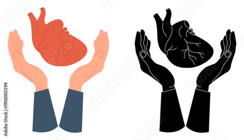Hands hold human heart. Anatomy internal organ on physicians palm. Cardiovascular treatment. Cardiologist arm silhouette. Medical diagnostic. Vector concept of cardio health protection