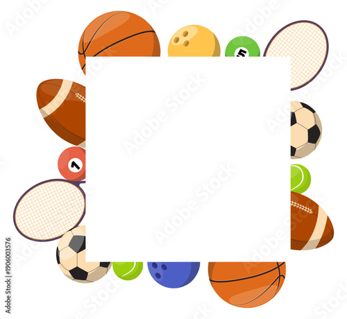 Advertising banner or poster featuring sports balls and equipment. Bowling sphere. Ping pong or tennis racquet. Professional athletic tournament. Football hardball. Vector background