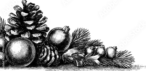 Vintage festive botanical decoration with pinecones and ornaments for holiday design