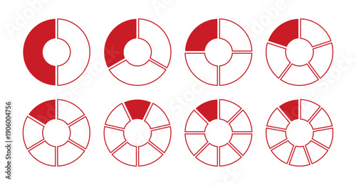 Graph icon pie, pizza shape section charts. Circles diagram divided 2, 3, 10, 7, 8, 9 equal parts. Coaching blank template. Set of segments red wheel round divide infographic.