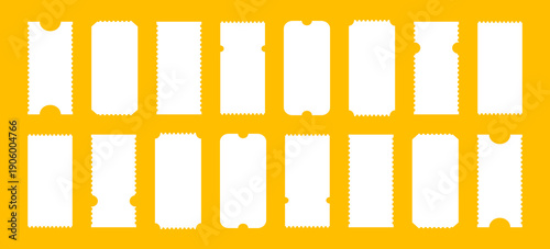 Admit tickets white empty mockups on yellow background. Pattern of ticket for cinema, circus, festival, casino, theater, club. Empty flat templates. Simple boarding blank, lottery, minimalist sale cou