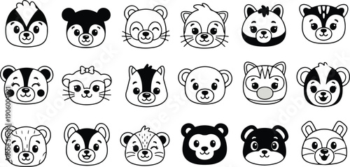 A cute collection of black and white animal icons set featuring a fun cartoon vector illustration of a cat, dog, panda, bear, lion, and other zoo pet faces