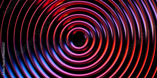 Abstract geometric 3D render featuring layered rings with red purple gradient effect and ribbed glass lit by yellow red light