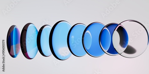 3D rendering of an abstract minimalist aesthetic wallpaper with a row of flat circle transparent pieces isolated on a white background, glass lenses refracting violet blue gradient