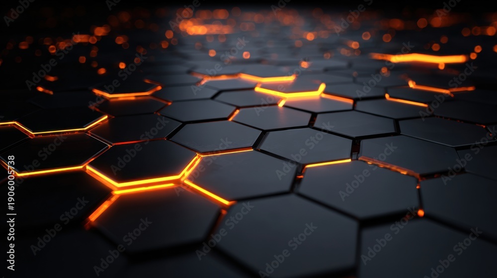 Fototapeta premium Futuristic glowing orange hexagons on black geometric surface.
