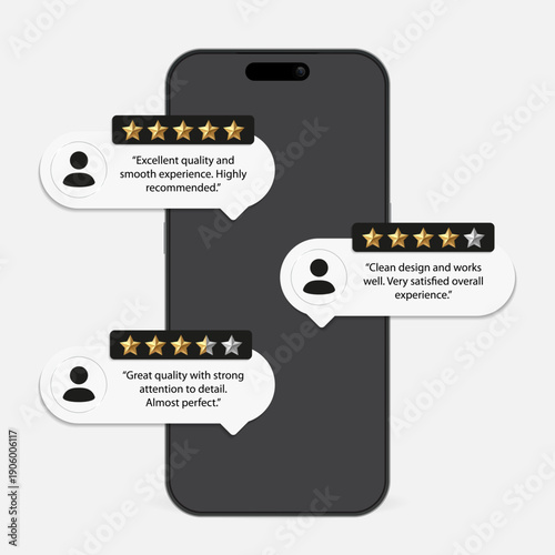 3D Smartphone with Five Star Customer Reviews, Online Service Rating, Product Feedback and Customer Voice, Social Media Comment UI, Quality Ranking Vector Illustration