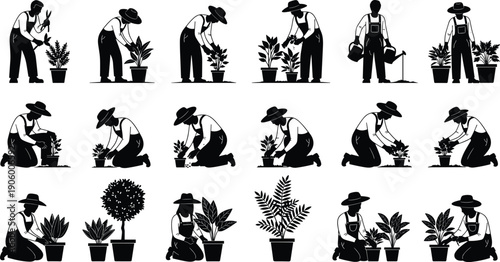 Gardening people silhouette set, men and women planting flowers, working in garden with tools, vector illustration collection, nature care concept