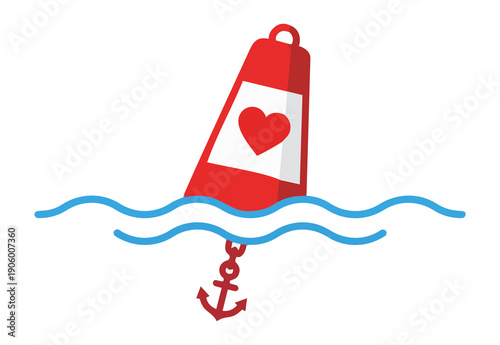 buoy with a heart anchors in blue waves.