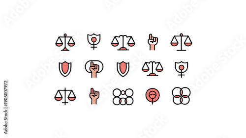 Icon set of social justice symbols and feminine identity.