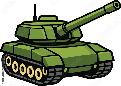Military tank with rotating turret and long barrel, bold flat vector illustration