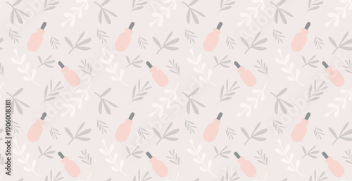 Seamless minimal pattern with cosmetic dropper bottles and delicate leaves on a soft pastel background
