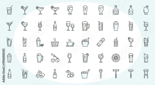 Beverages and Drinks Line Art Icons Set, isolated white background.