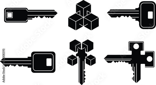 Black and white key vector silhouette collection featuring abstract geometric blocks for security privacy access solutions and technical hardware graphic design projects.