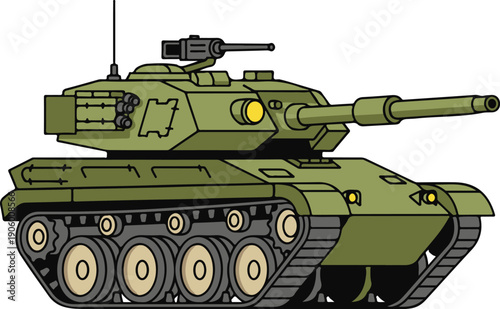 Heavy military main battle tank in olive drab, flat 2D cartoon style vector illustration