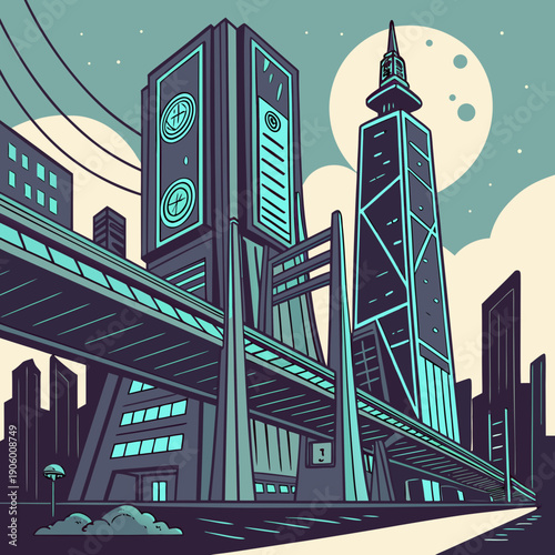 Futuristic cityscape with sleek skyscrapers under moonlight