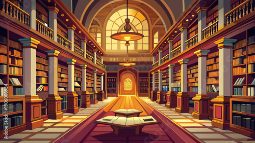 Very beautiful interior of a grand antique library with towering wooden shelves, warm golden light, and classic architecture, representing timeless knowledge, history, and scholarly tradition.