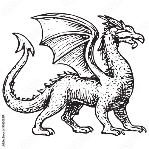 Wallpaper Mural Vintage Dragon Engraving Retro Mythical Winged Beast Illustration Antique Woodcut Fantasy Line Art Torontodigital.ca