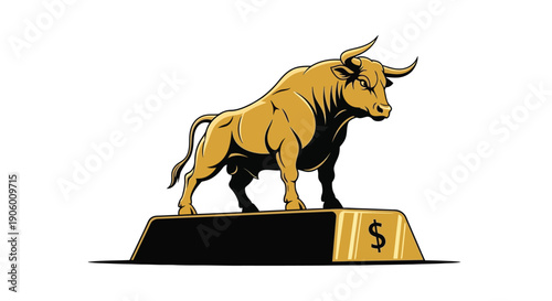 Golden bull standing on a platform with a dollar sign silhouette