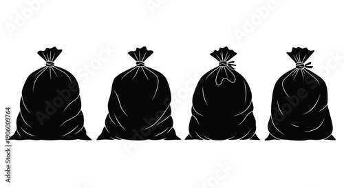 Four black sacks stand in a row simple graphic silhouette
