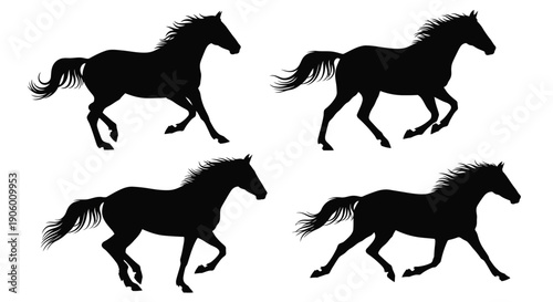 Four black horse silhouettes in dynamic poses a striking visual silhouette