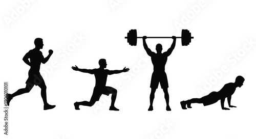 Evolution of fitness running posing lifting and crawling silhouette