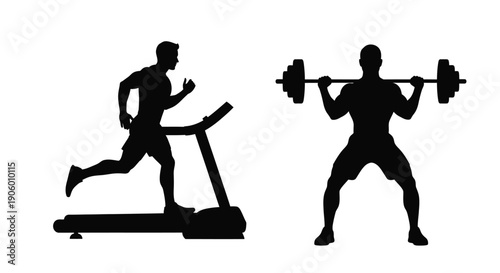 Two athletes exercising a runner and a weightlifter silhouette