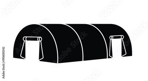 Black and white illustration of a quonset hut structure silhouette