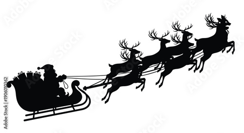 Santa claus and reindeer flying in a sleigh black silhouette