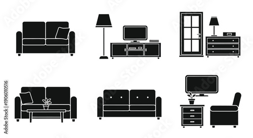 Black furniture set including sofas tv and cabinets silhouette