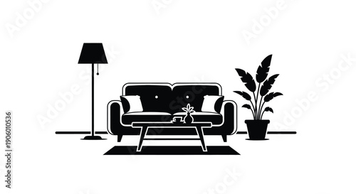 Minimalist living room interior with furniture and plants silhouette