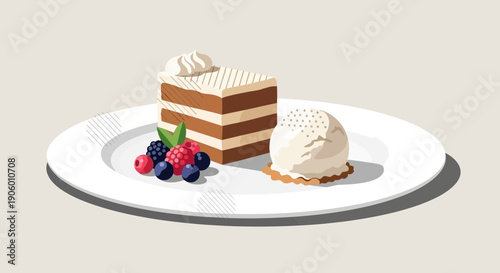 Layered cake with whipped cream and berries on a plate.