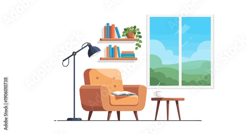 Cozy reading nook with chair and lamp by the window.