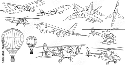 set of aircraft line art, black outline, vector and illustration, coloring book page line art drawing
