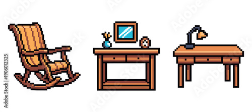 Pixel art: rocking chair, desk with mirror and vase, table with lamp. Not editable stroke