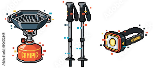 Pixel art camping gear: portable stove, trekking poles, flashlight. Not editable stroke