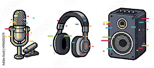 Retro pixel art microphone headphones speaker with colorful accents. Not editable stroke