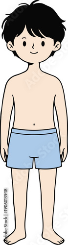 Young boy in blue shorts, simple anime-style vector illustration